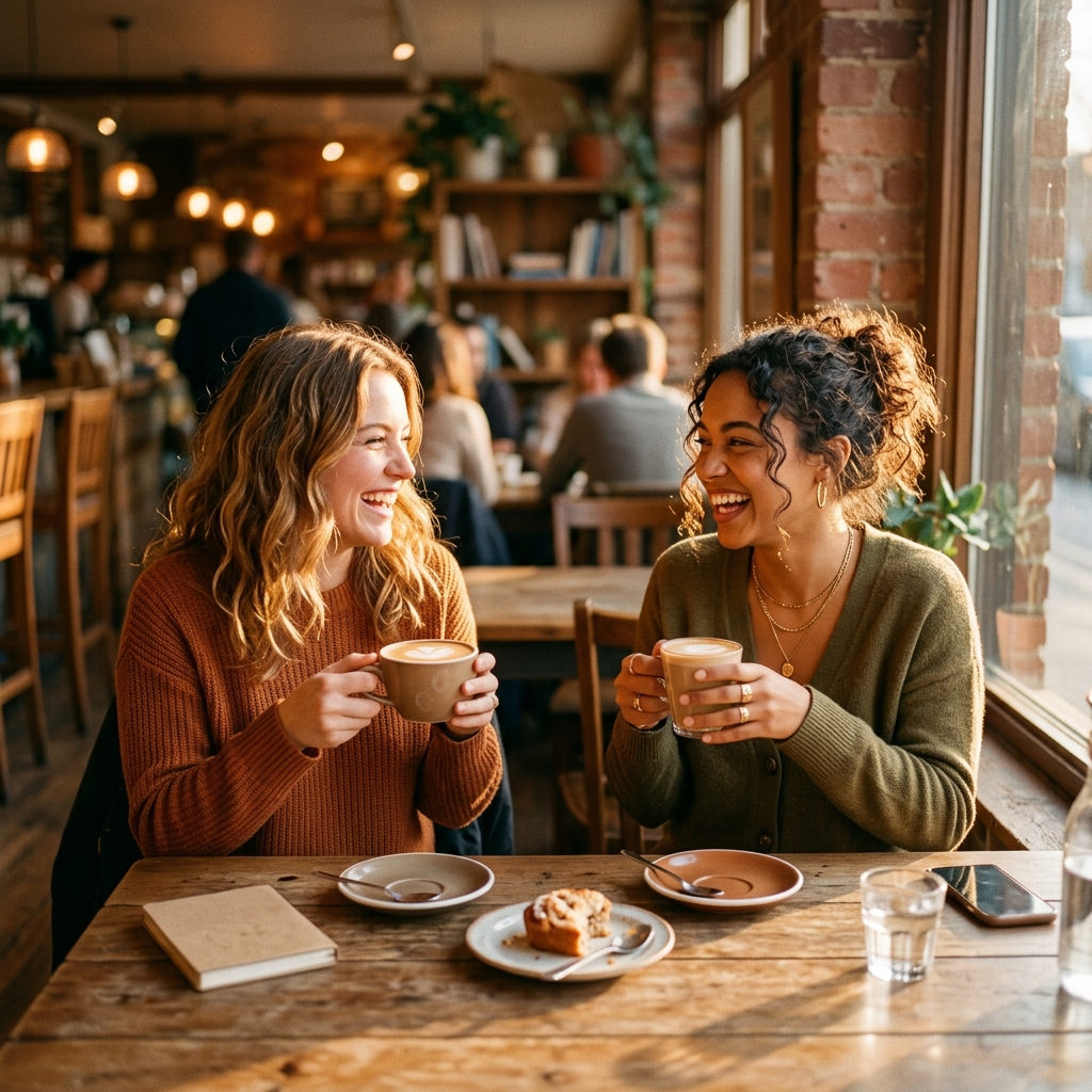 Two friends laughing over coffee at a warm local cafe